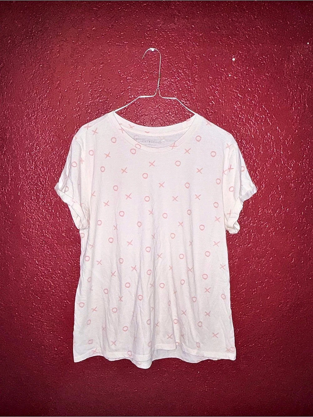 Lucky Brand Geometric Short Sleeve Tee in White & Pink Size Large